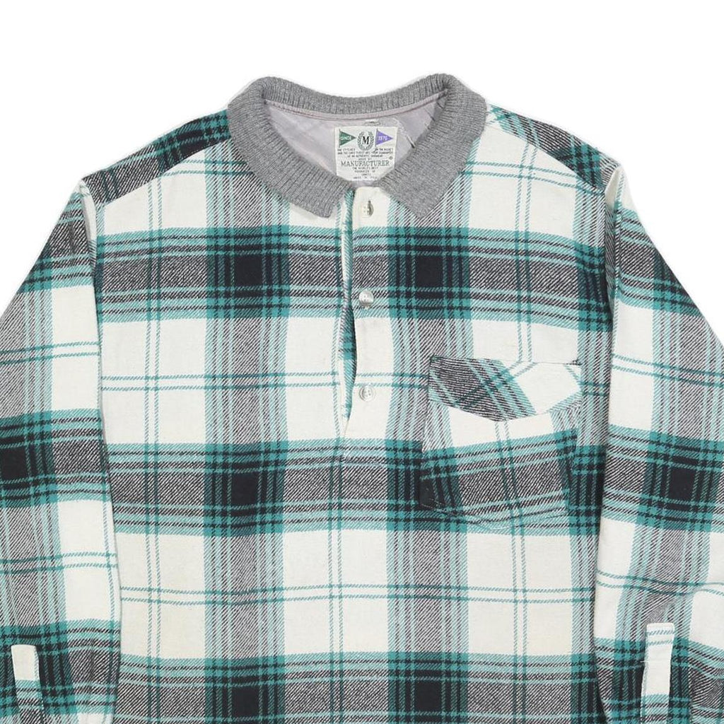 MANUFACTURER Mens White & Teal Check Long Sleeve XL Polo Shirt Classic Fit