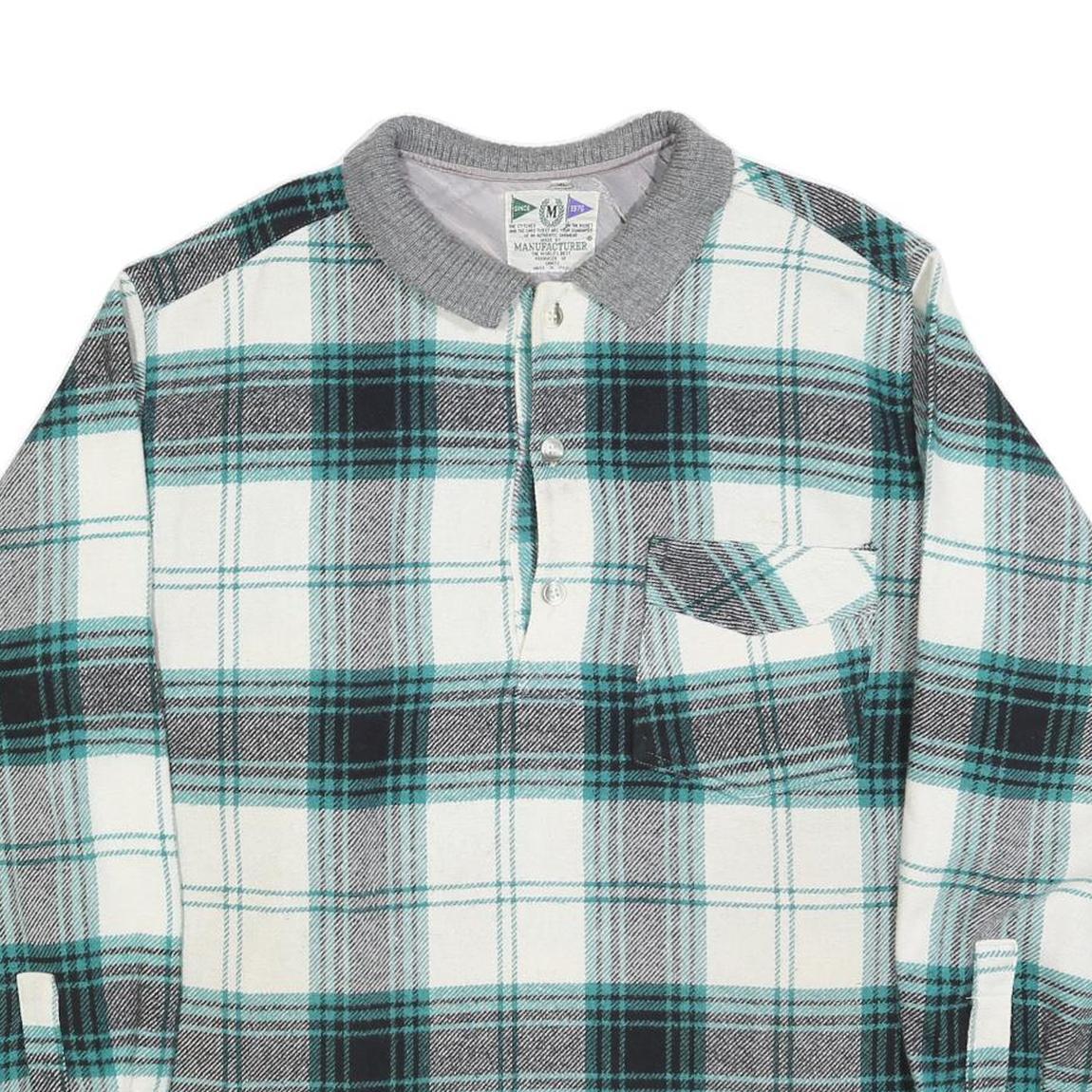 MANUFACTURER Mens White & Teal Check Long Sleeve XL Polo Shirt Classic Fit