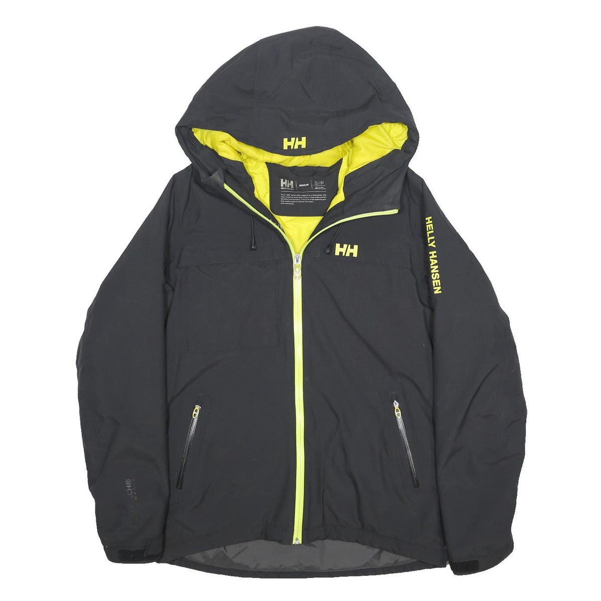 HELLY HANSEN Mens Black & Yellow Outdoor Jacket S Polyamide Hooded Zip Stand-Up