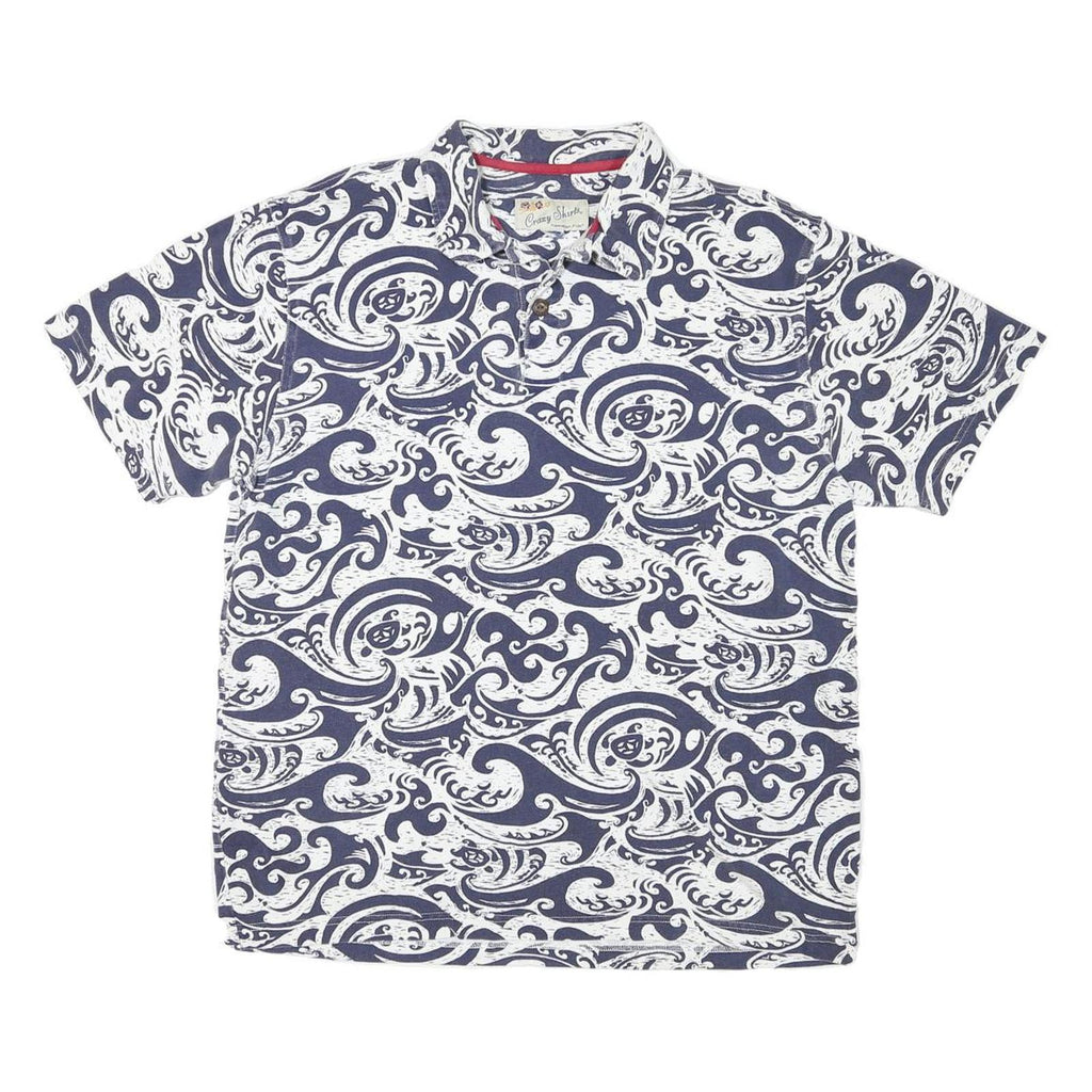 CRAY SHIRTS Mens Blue & White Wave Print Short Sleeve Polo Shirt M Cotton Blend