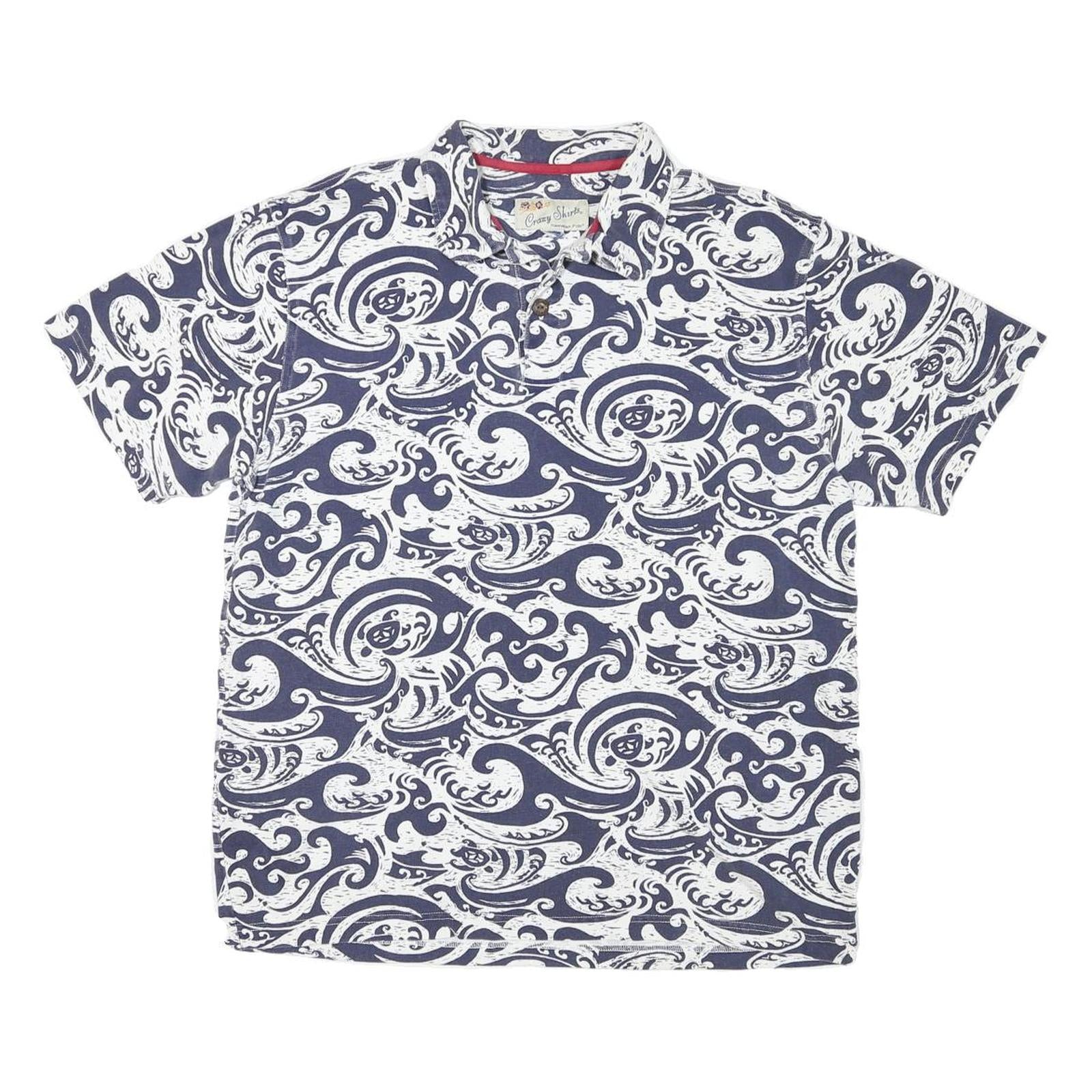 CRAY SHIRTS Mens Blue & White Wave Print Short Sleeve Polo Shirt M Cotton Blend