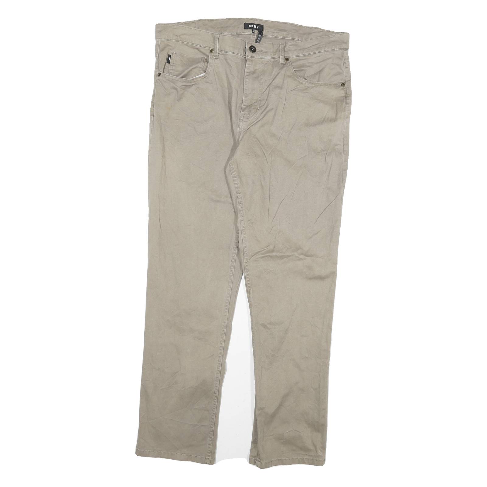 DKNY Mens Cotton Blend Beige Regular Fit Straight Leg Trousers W36 L30 Casual