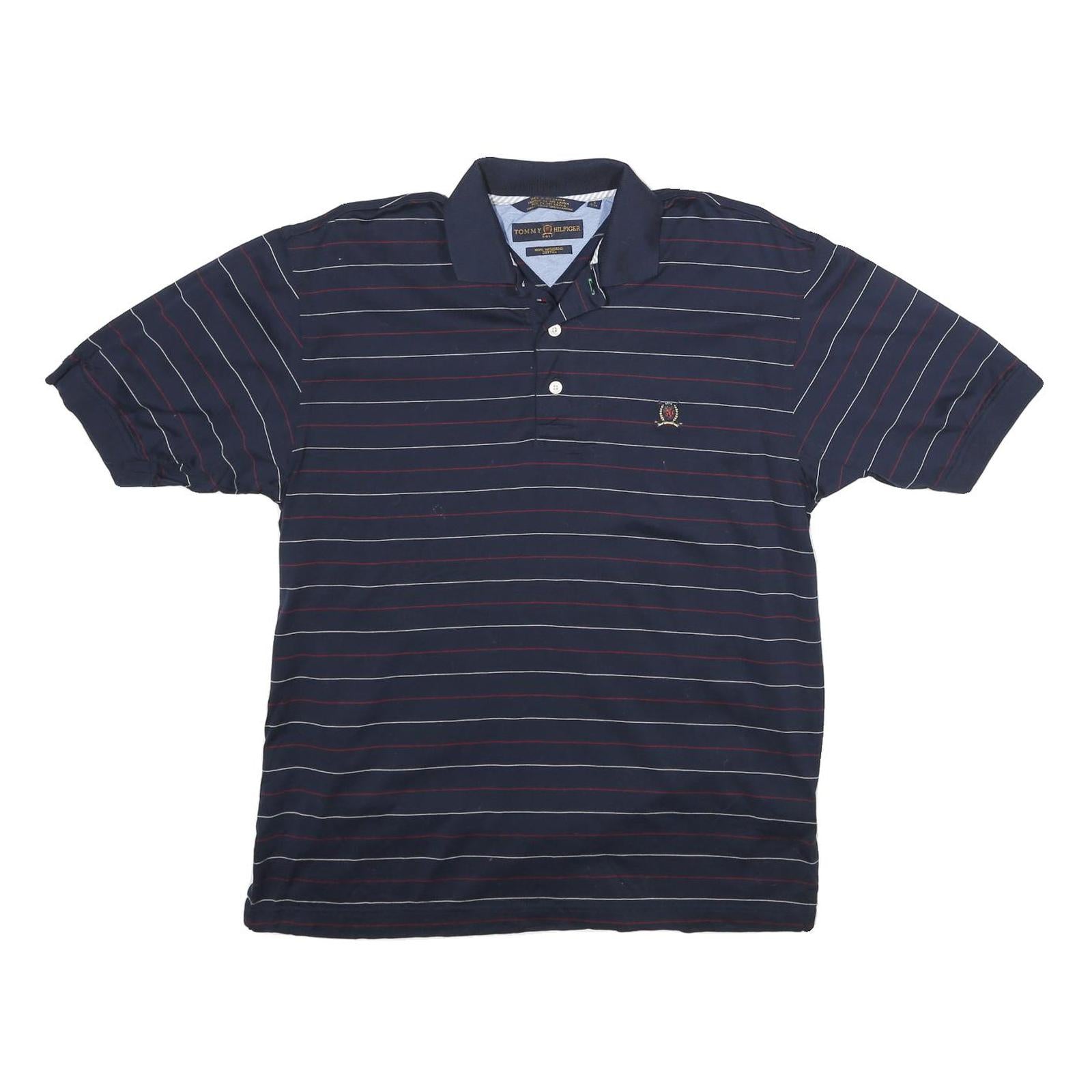 TOMMY HILFIGER Mens Blue Striped Polo Shirt S Classic Fit Cotton Short Sleeve
