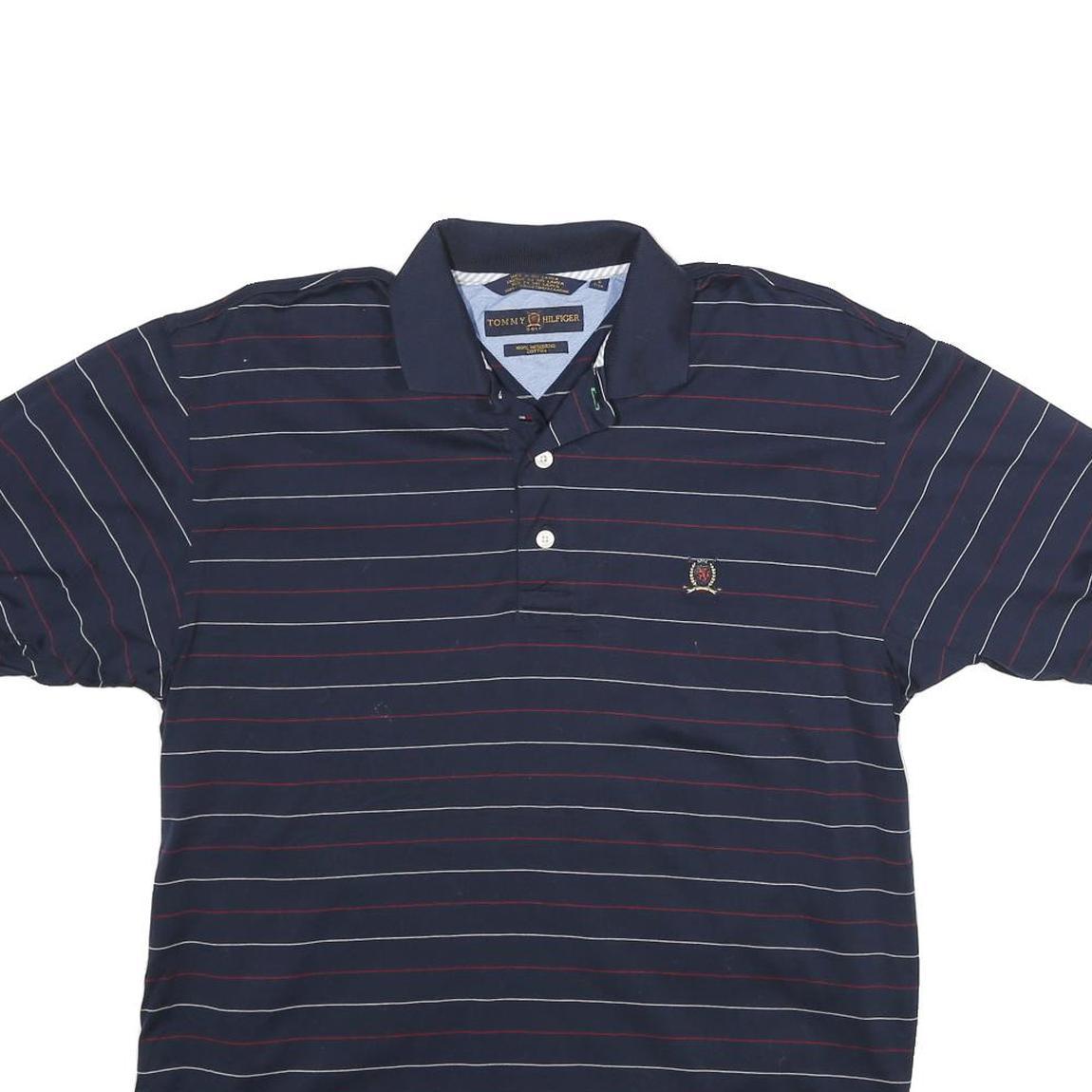 TOMMY HILFIGER Mens Blue Striped Polo Shirt S Classic Fit Cotton Short Sleeve