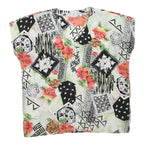 Womens White Green & Black Abstract Floral Printed Top Sleeveless V-Neck L