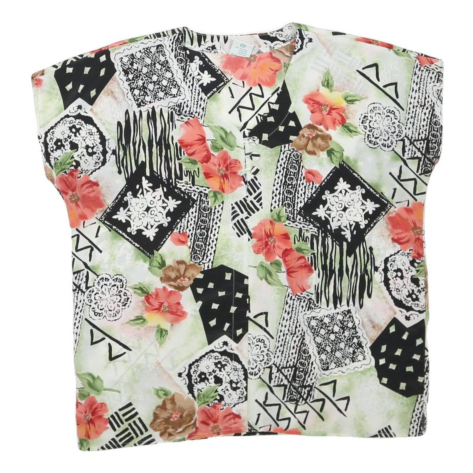 Womens White Green & Black Abstract Floral Printed Top Sleeveless V-Neck L