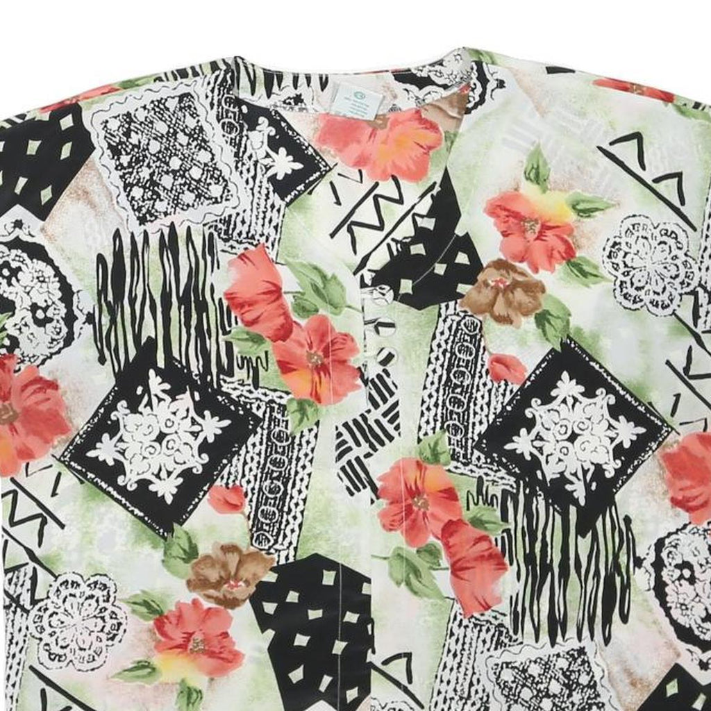 Womens White Green & Black Abstract Floral Printed Top Sleeveless V-Neck L