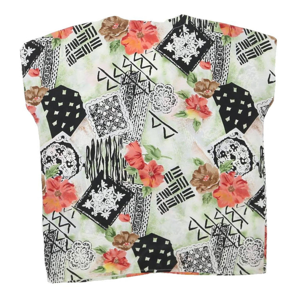Womens White Green & Black Abstract Floral Printed Top Sleeveless V-Neck L