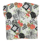 Womens White Green & Black Abstract Floral Printed Top Sleeveless V-Neck L