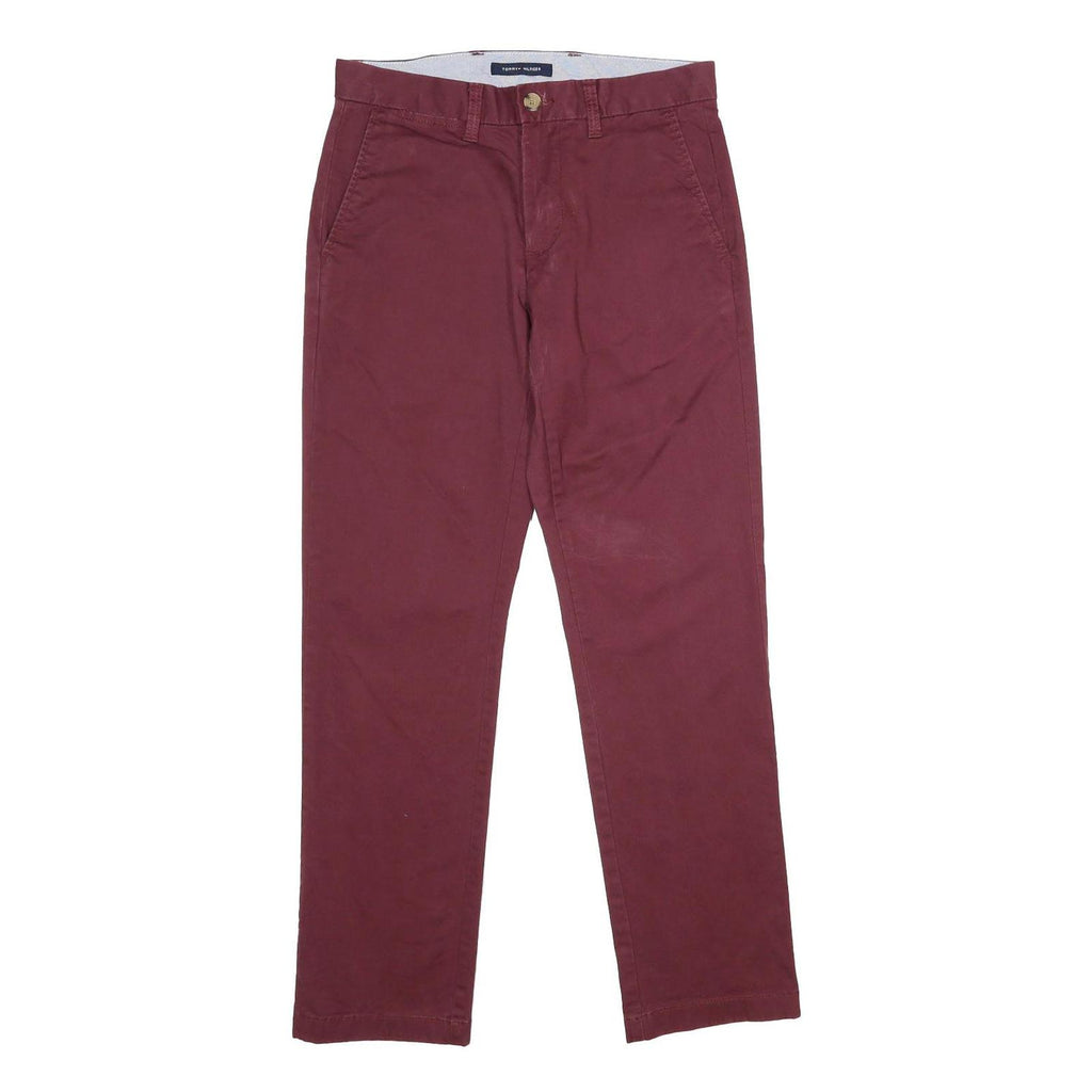 TOMMY HILFIGER Mens Regular Burgundy Cotton Blend Trousers W28 L30 Classic Zip