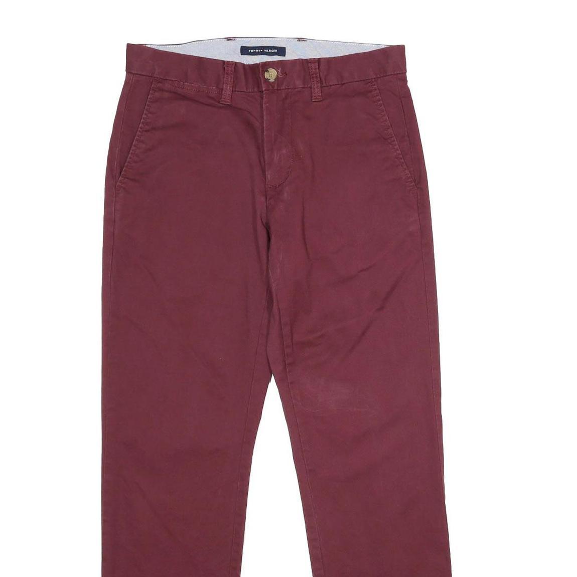 TOMMY HILFIGER Mens Regular Burgundy Cotton Blend Trousers W28 L30 Classic Zip