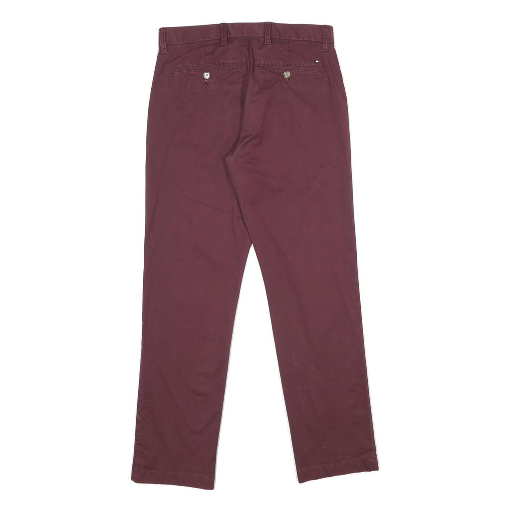 TOMMY HILFIGER Mens Regular Burgundy Cotton Blend Trousers W28 L30 Classic Zip