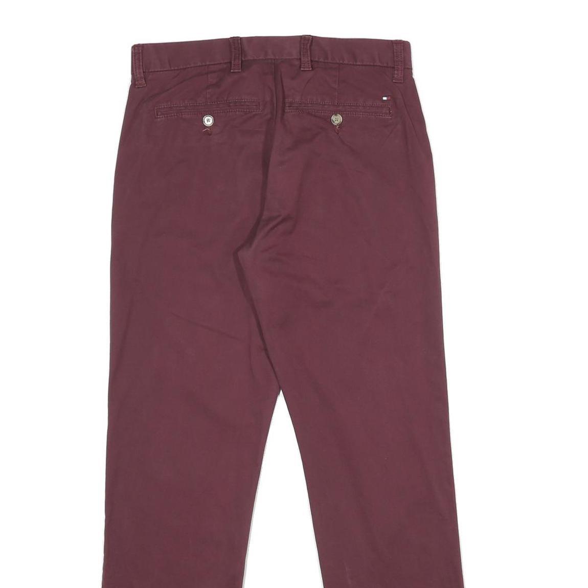 TOMMY HILFIGER Mens Regular Burgundy Cotton Blend Trousers W28 L30 Classic Zip