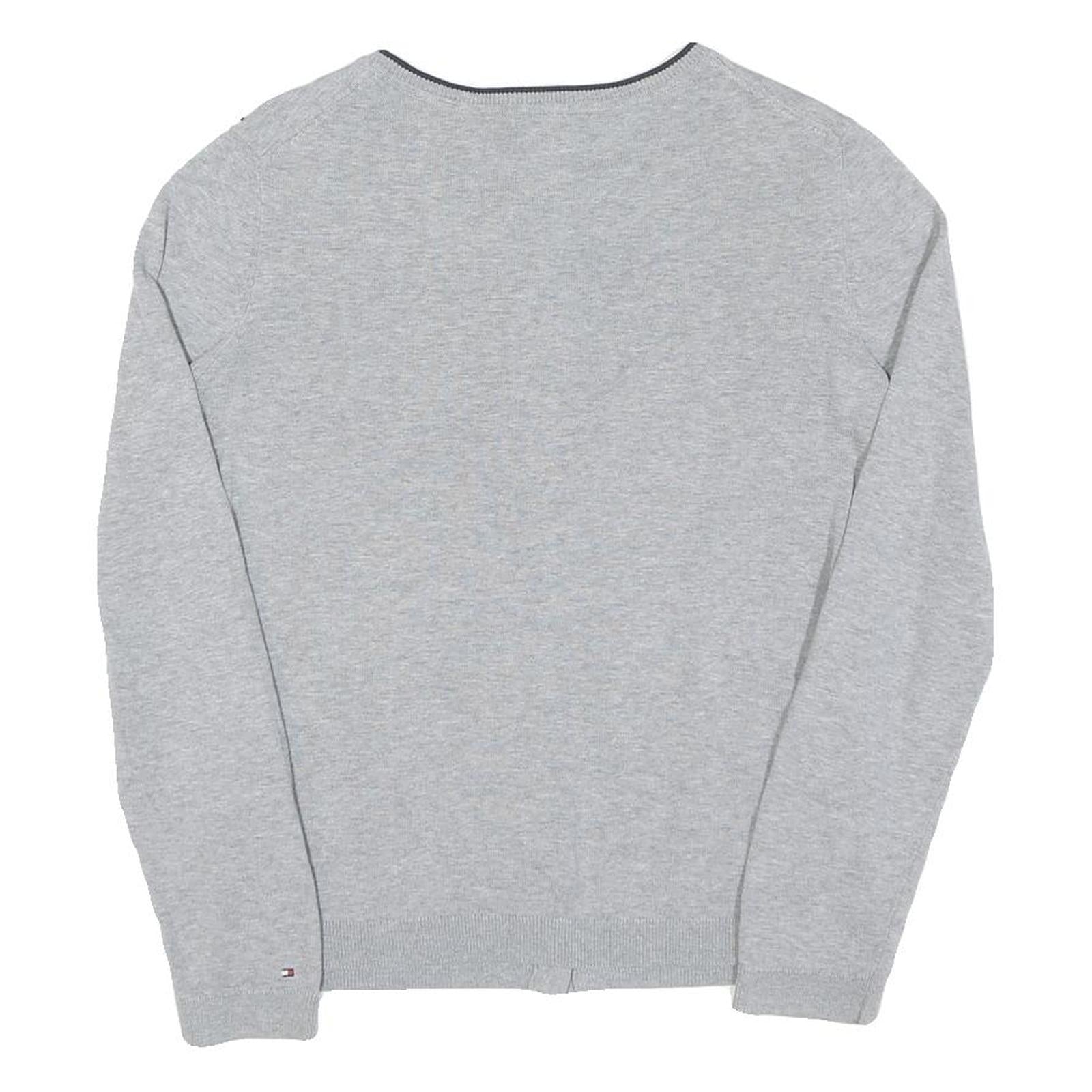 TOMMY HILFIGER Womens Grey Patterned Button Up Crew Neck Basic Knit S Cotton