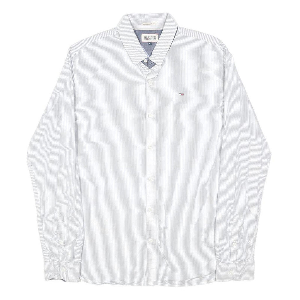 HILFIGER DENIM Mens White & Blue Stripe Long Sleeve Shirt L Classic Cotton