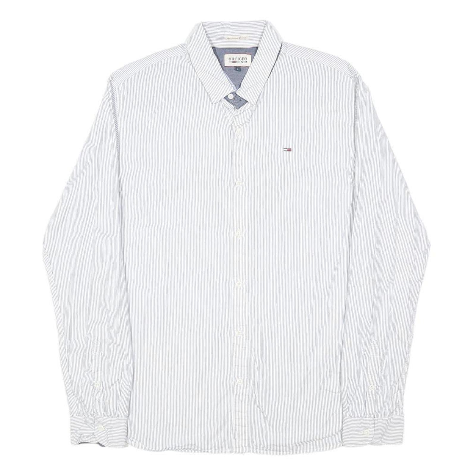 HILFIGER DENIM Mens White & Blue Stripe Long Sleeve Shirt L Classic Cotton