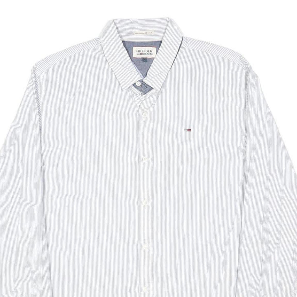 HILFIGER DENIM Mens White & Blue Stripe Long Sleeve Shirt L Classic Cotton