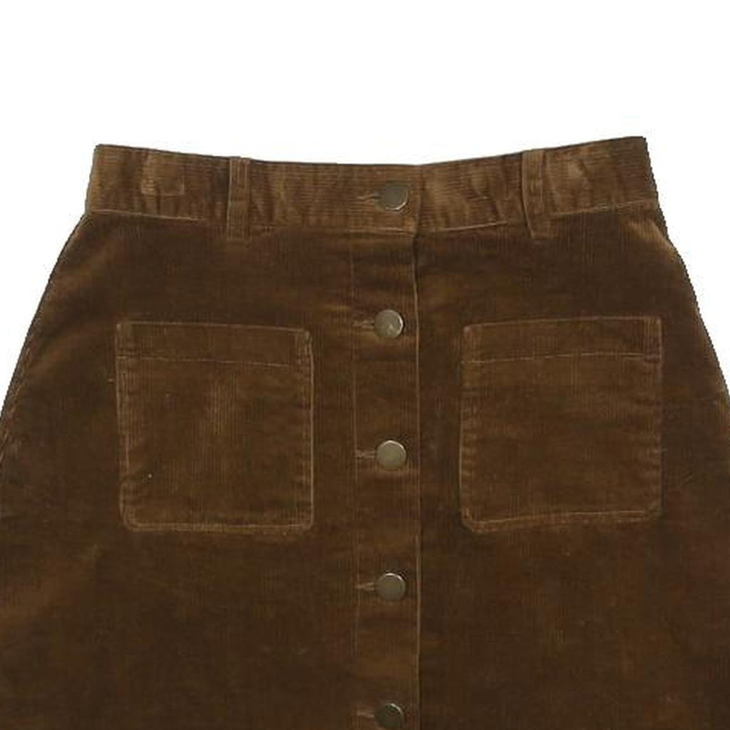 POPCHRIO Womens Brown Button Front Mini Cotton Blend Corduroy Skirt S Pockets