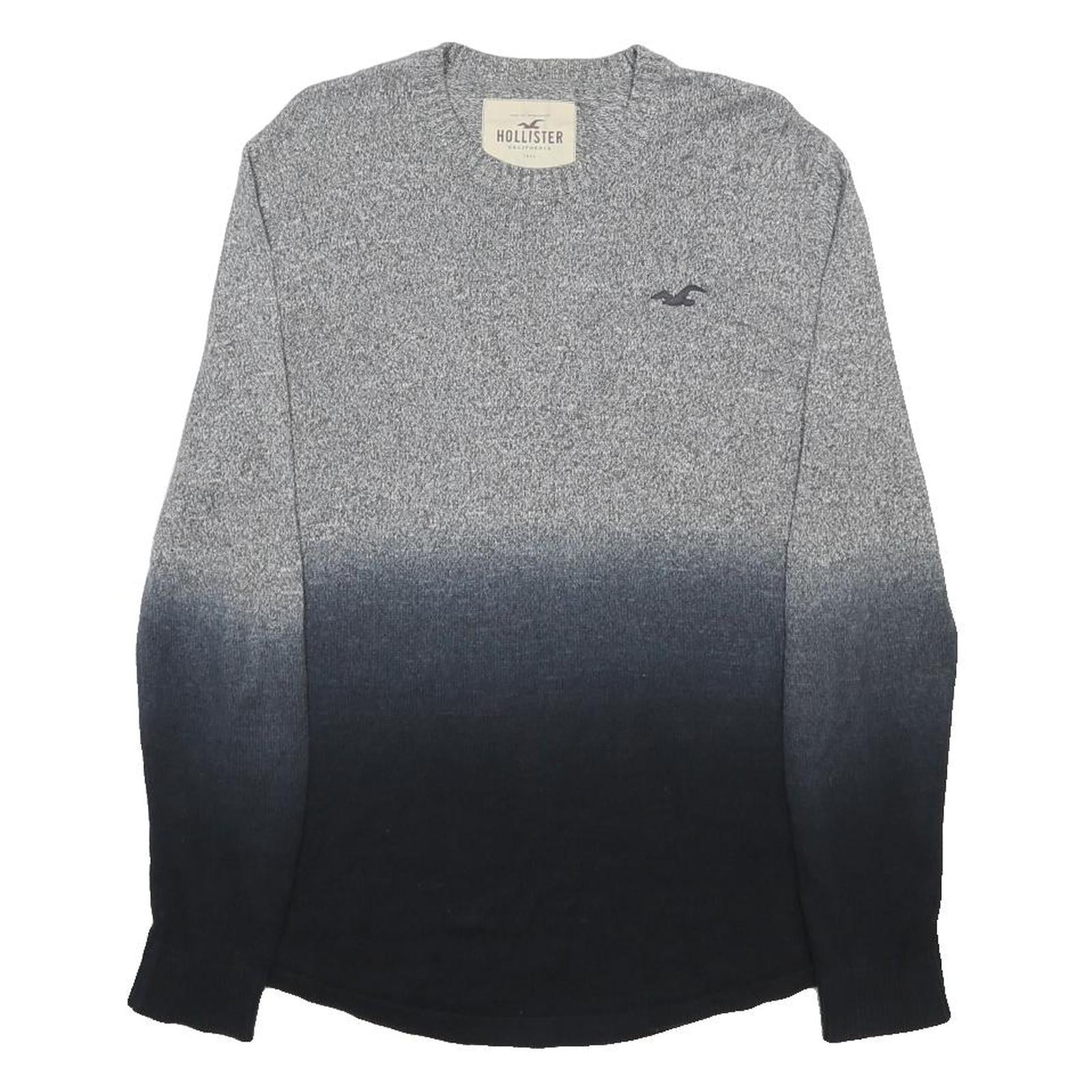 HOLLISTER Mens Grey & Black Plain Jumper Crew Neck Basic Knit Size S Cotton