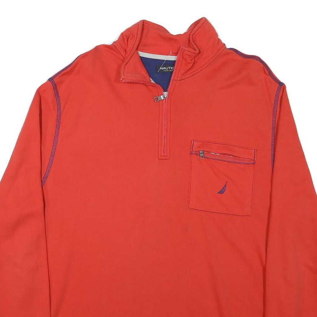 NAUTICA Mens Red Crew Neck L Sweatshirt Cotton Blend Pullover Zip Pocket