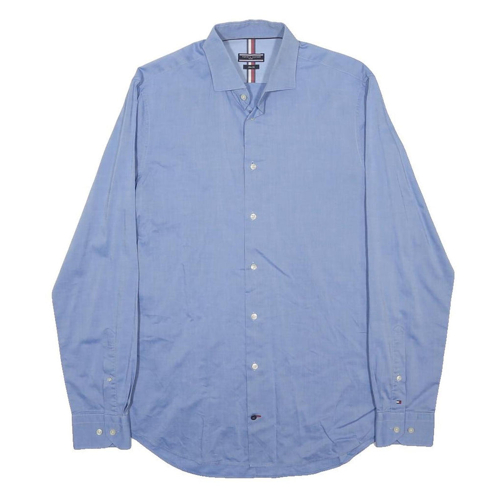 TOMMY HILFIGER Mens Blue Plain Shirt M Cotton Long Sleeve Relaxed Fit Workwear