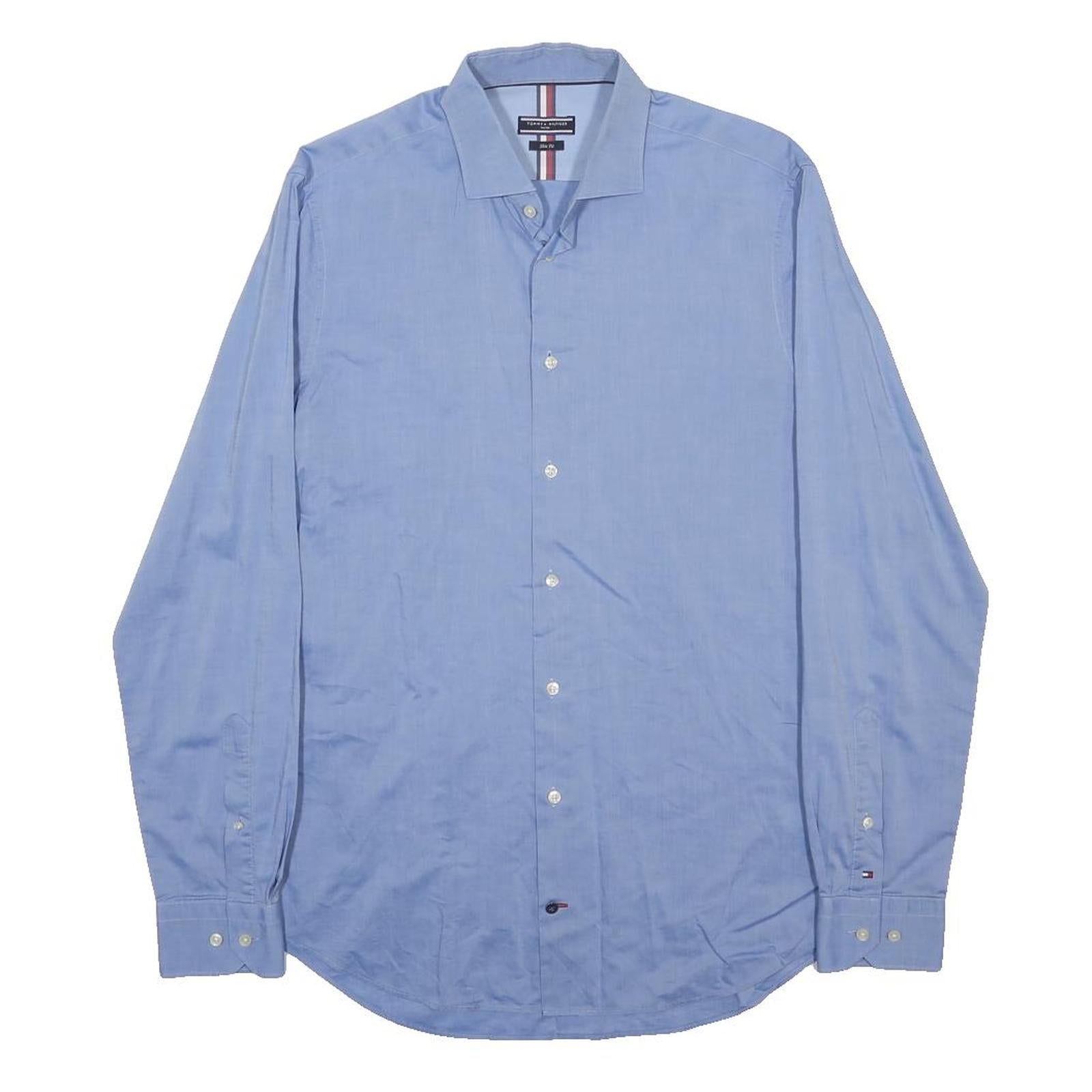 TOMMY HILFIGER Mens Blue Plain Shirt M Cotton Long Sleeve Relaxed Fit Workwear