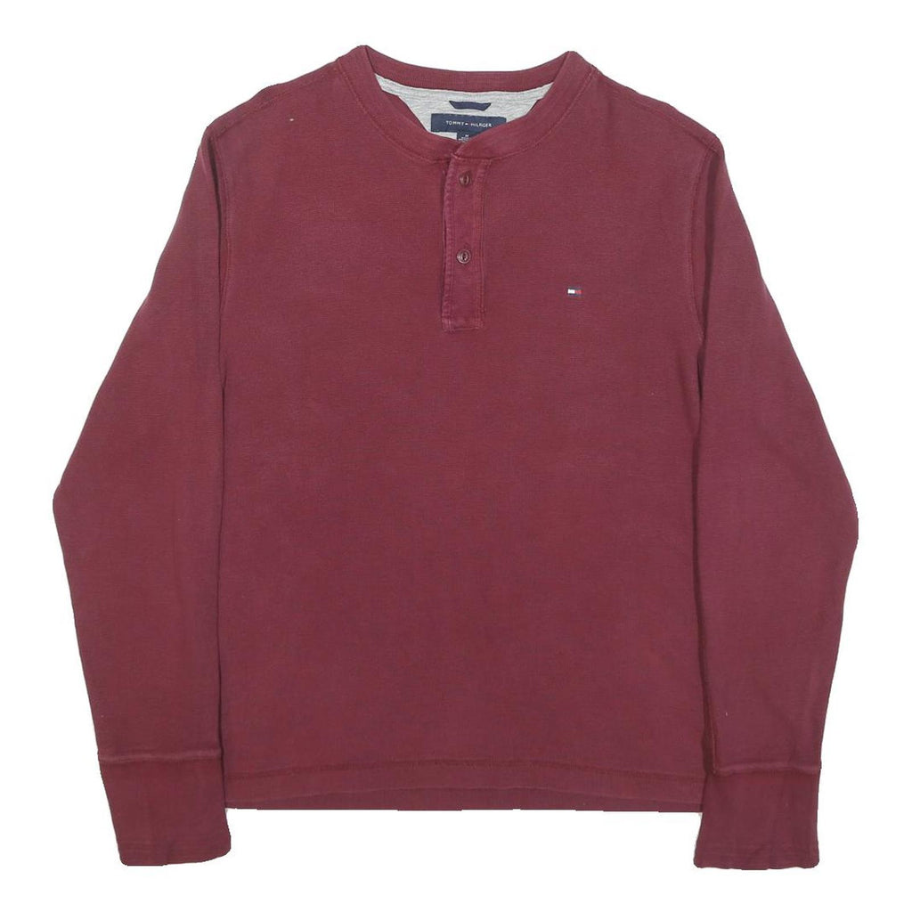 TOMMY HILFIGER Mens Maroon Henley Shirt M Long Sleeve Round Neck Casual Cotton