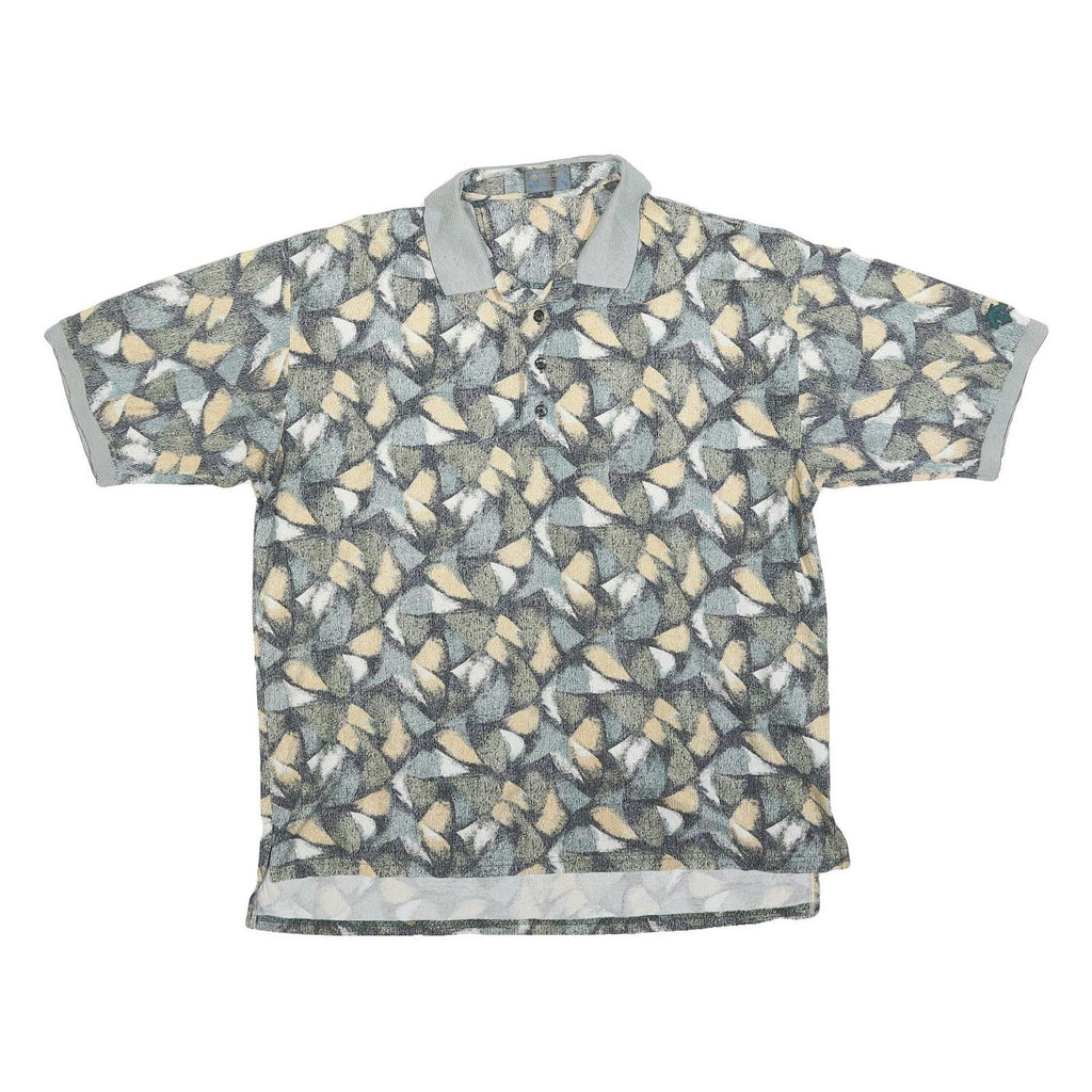 DESCENTE Mens Grey & Beige Abstract Print Short Sleeve Polo Shirt M Cotton Blend
