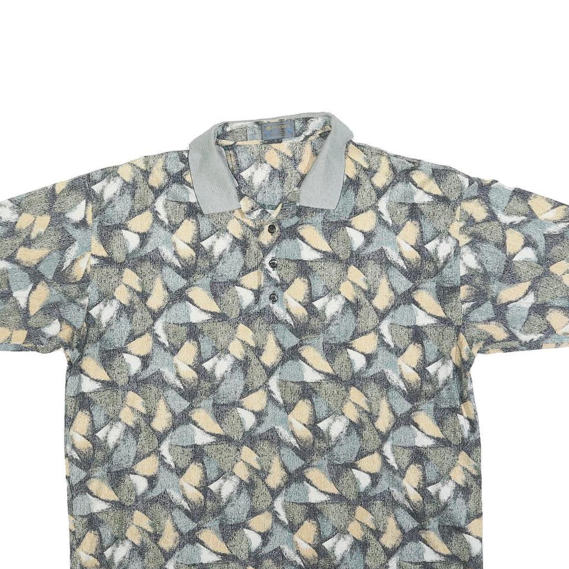DESCENTE Mens Grey & Beige Abstract Print Short Sleeve Polo Shirt M Cotton Blend