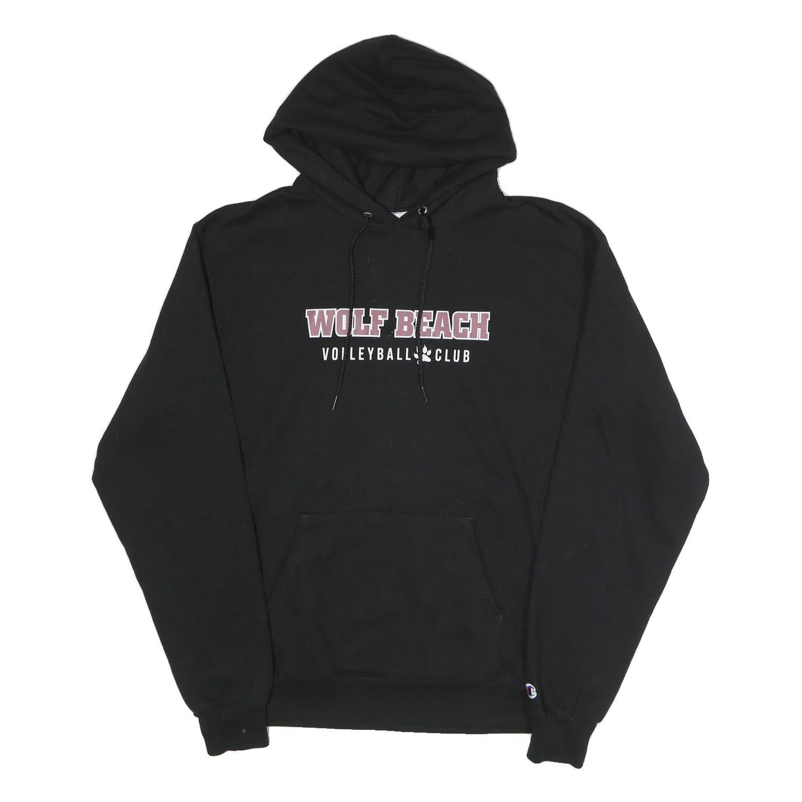 CHAMPION Mens Black Wolf Beach Volleyball Club Pullover Hoodie L Cotton Blend