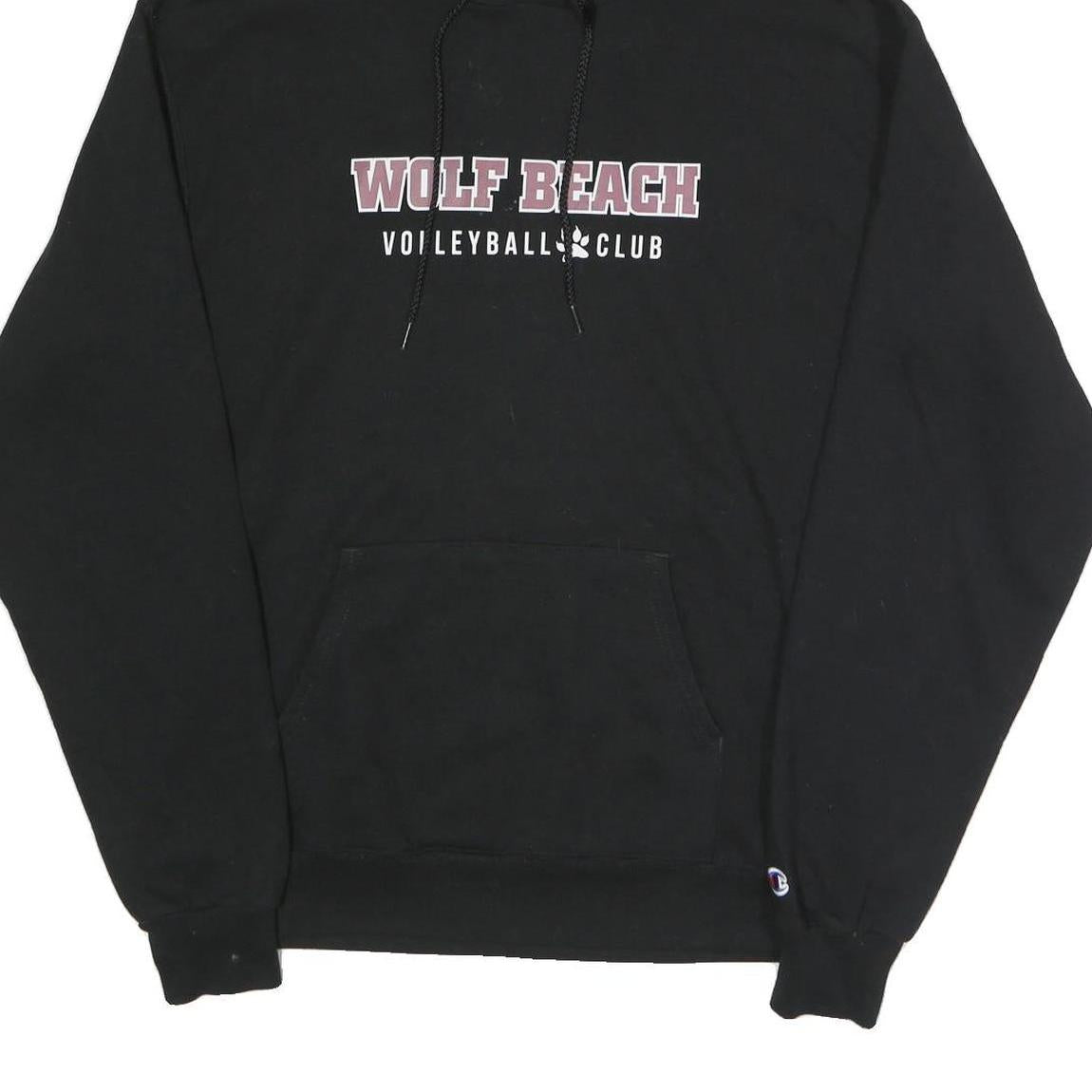 CHAMPION Mens Black Wolf Beach Volleyball Club Pullover Hoodie L Cotton Blend