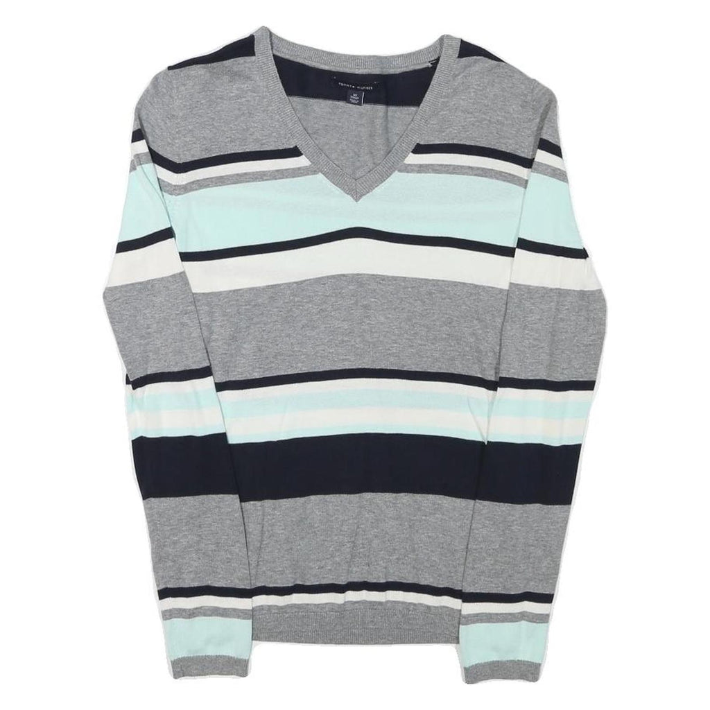 TOMMY HILFIGER Womens Grey Blue White Striped Pattern V-Neck Basic Knit Jumper