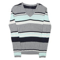 TOMMY HILFIGER Womens Grey Blue White Striped Pattern V-Neck Basic Knit Jumper