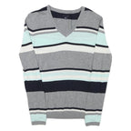 TOMMY HILFIGER Womens Grey Blue White Striped Pattern V-Neck Basic Knit Jumper