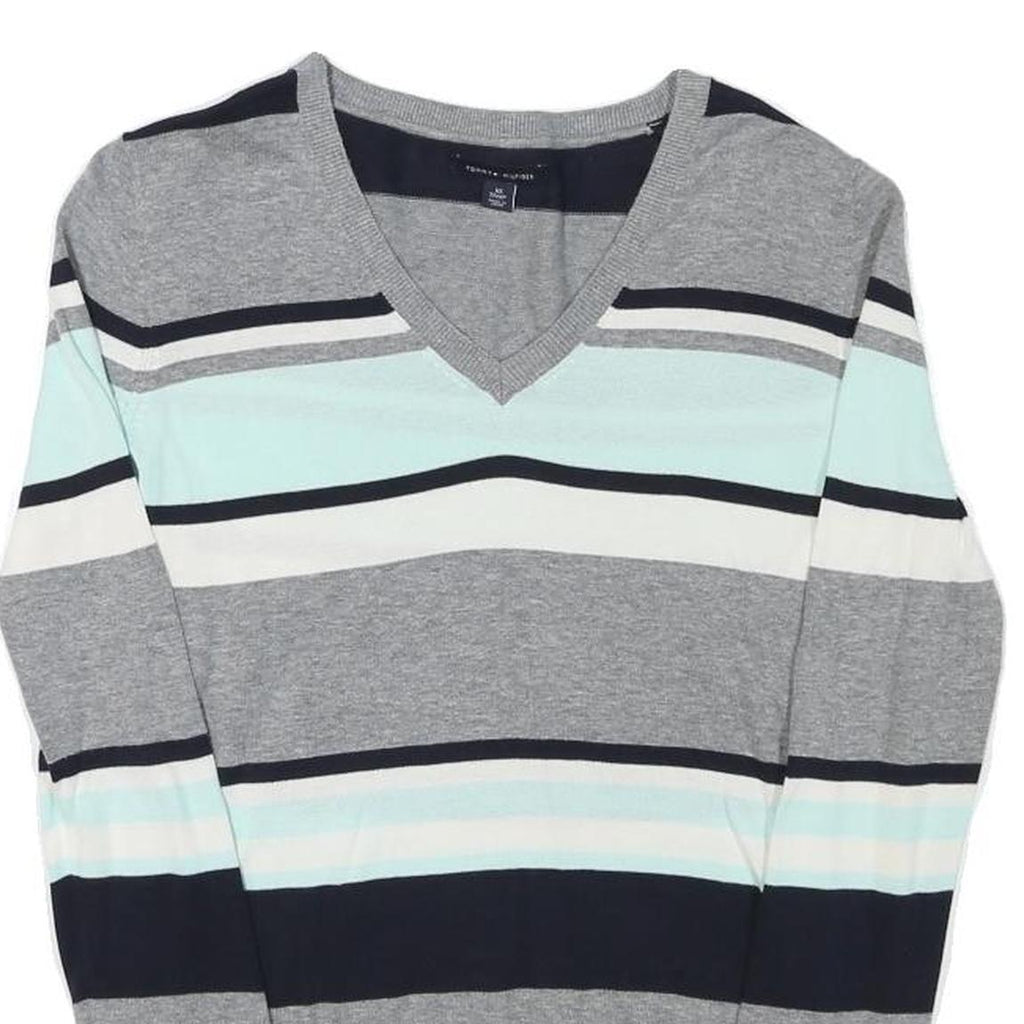 TOMMY HILFIGER Womens Grey Blue White Striped Pattern V-Neck Basic Knit Jumper