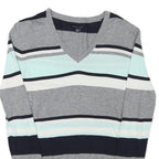 TOMMY HILFIGER Womens Grey Blue White Striped Pattern V-Neck Basic Knit Jumper