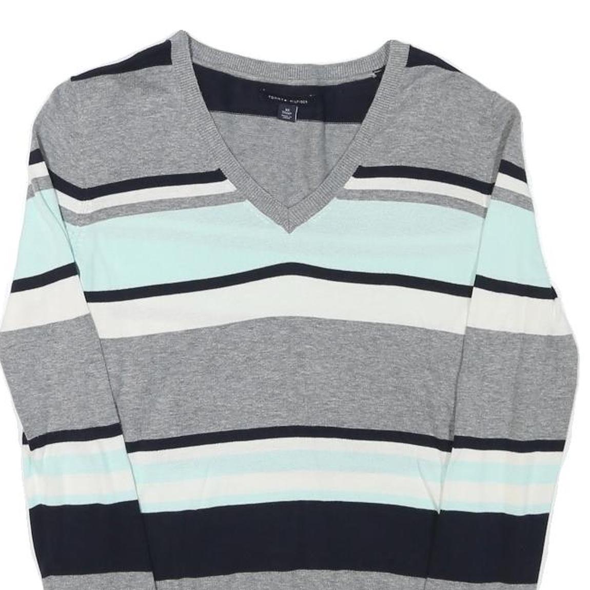 TOMMY HILFIGER Womens Grey Blue White Striped Pattern V-Neck Basic Knit Jumper
