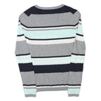 TOMMY HILFIGER Womens Grey Blue White Striped Pattern V-Neck Basic Knit Jumper