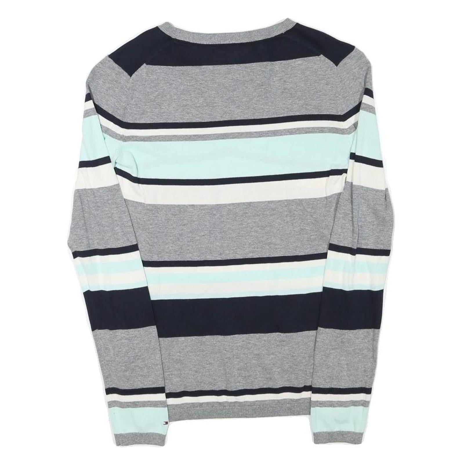 TOMMY HILFIGER Womens Grey Blue White Striped Pattern V-Neck Basic Knit Jumper