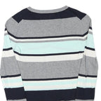 TOMMY HILFIGER Womens Grey Blue White Striped Pattern V-Neck Basic Knit Jumper