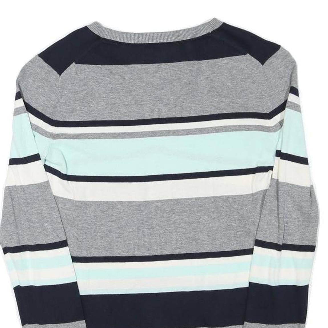 TOMMY HILFIGER Womens Grey Blue White Striped Pattern V-Neck Basic Knit Jumper