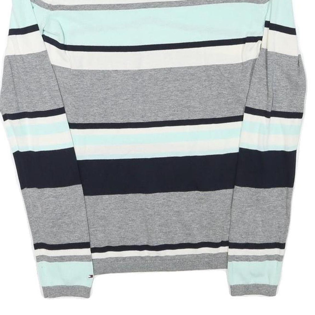 TOMMY HILFIGER Womens Grey Blue White Striped Pattern V-Neck Basic Knit Jumper