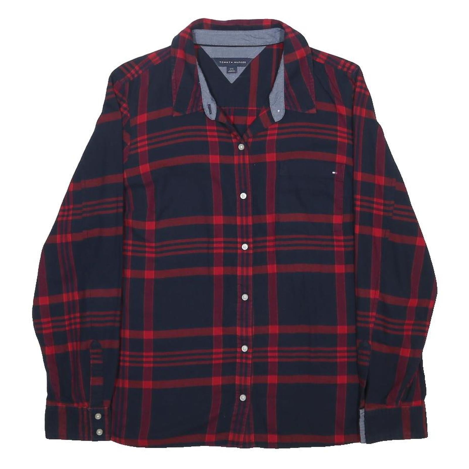 TOMMY HILFIGER Boys Navy & Red Check Shirt L Cotton Blend Long Sleeve Casual