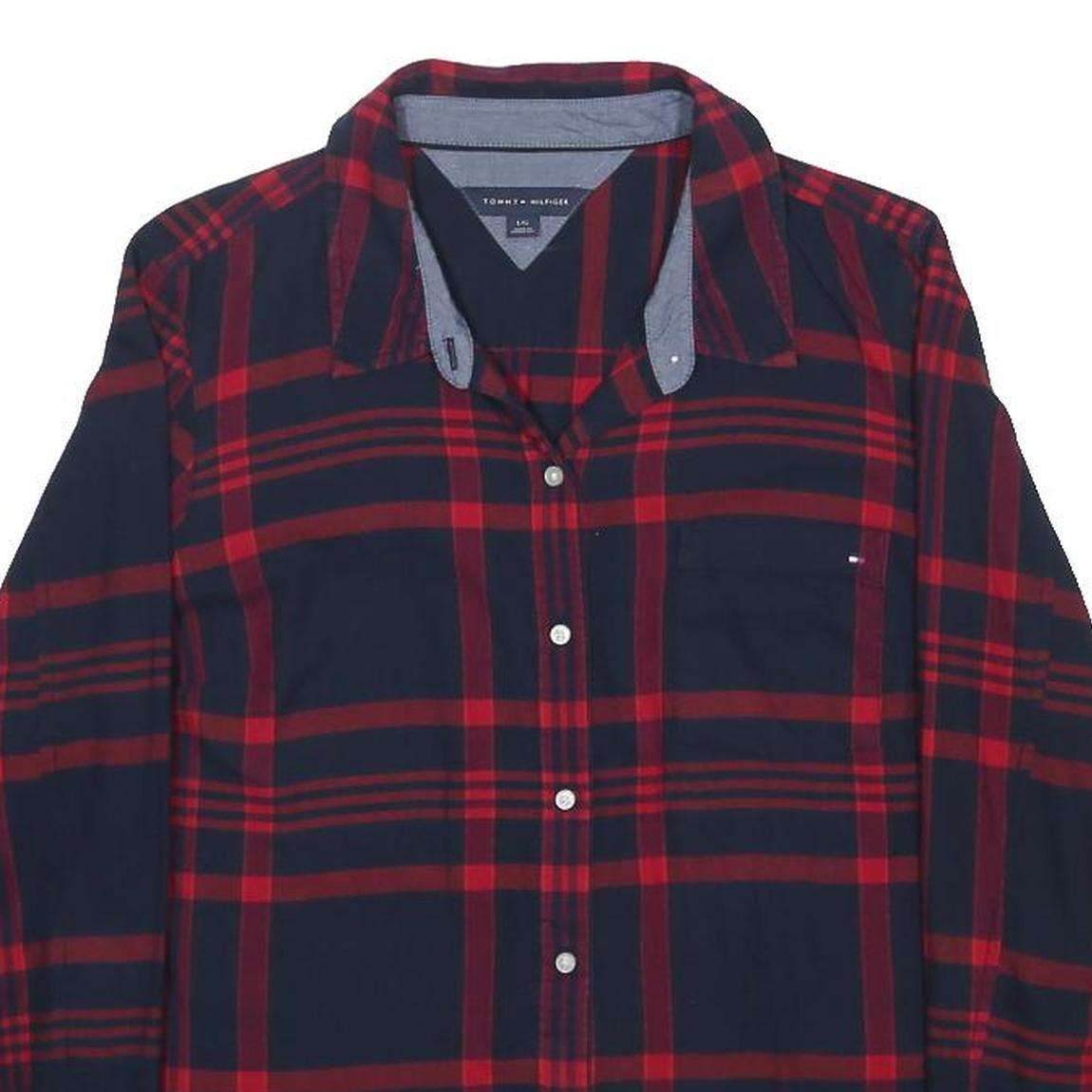 TOMMY HILFIGER Boys Navy & Red Check Shirt L Cotton Blend Long Sleeve Casual