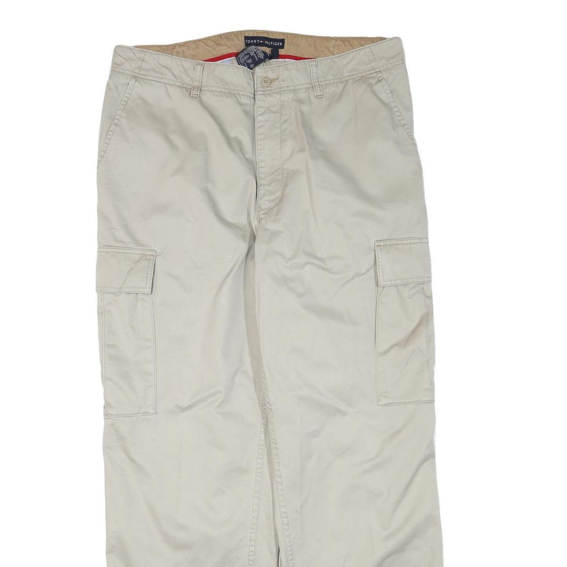 TOMMY HILFIGER Mens Cotton Blend Beige Regular Cargo Trousers W36 L30 Casual