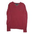 TOMMY HILFIGER Mens Red Plain V-Neck Basic Knit Jumper L Cotton Casual