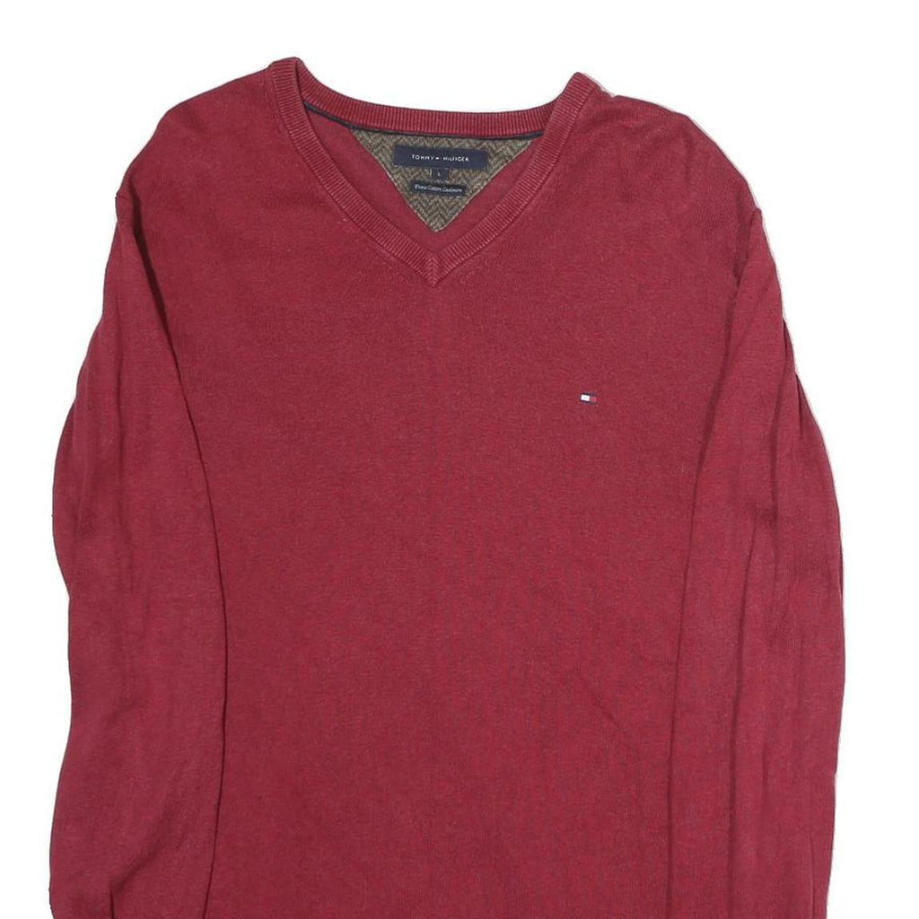 TOMMY HILFIGER Mens Red Plain V-Neck Basic Knit Jumper L Cotton Casual