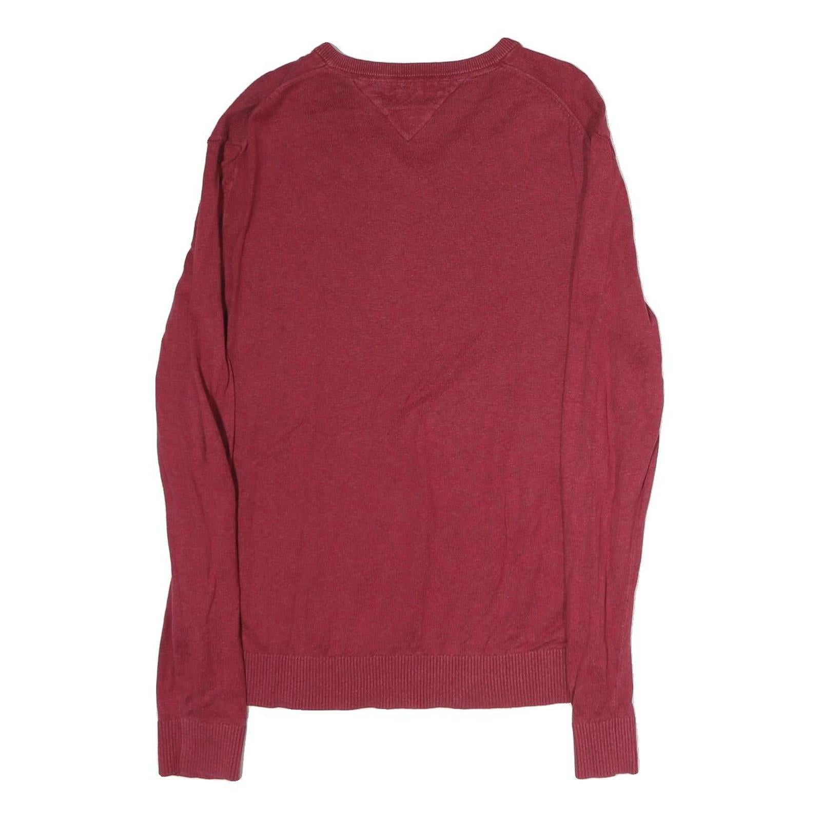 TOMMY HILFIGER Mens Red Plain V-Neck Basic Knit Jumper L Cotton Casual