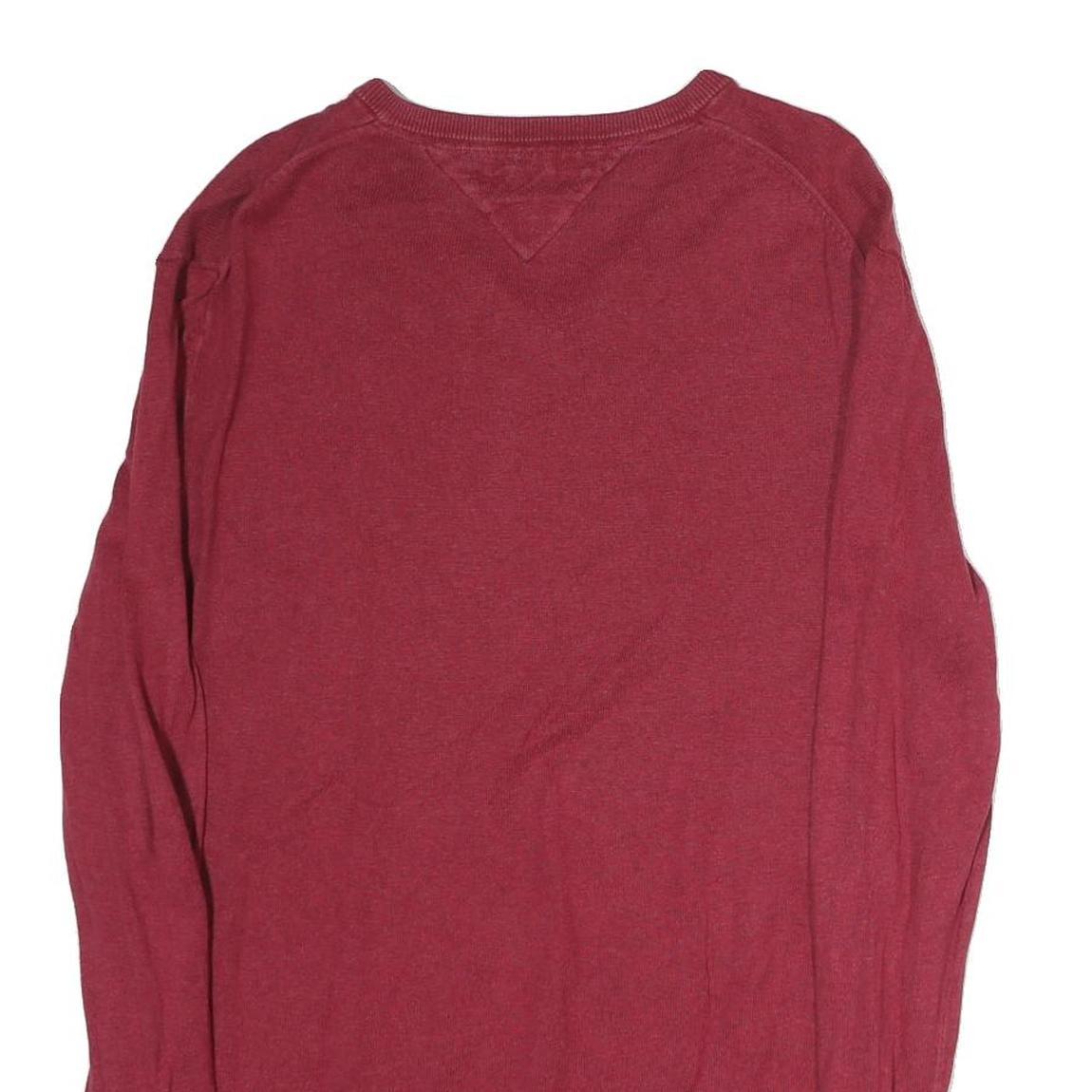 TOMMY HILFIGER Mens Red Plain V-Neck Basic Knit Jumper L Cotton Casual
