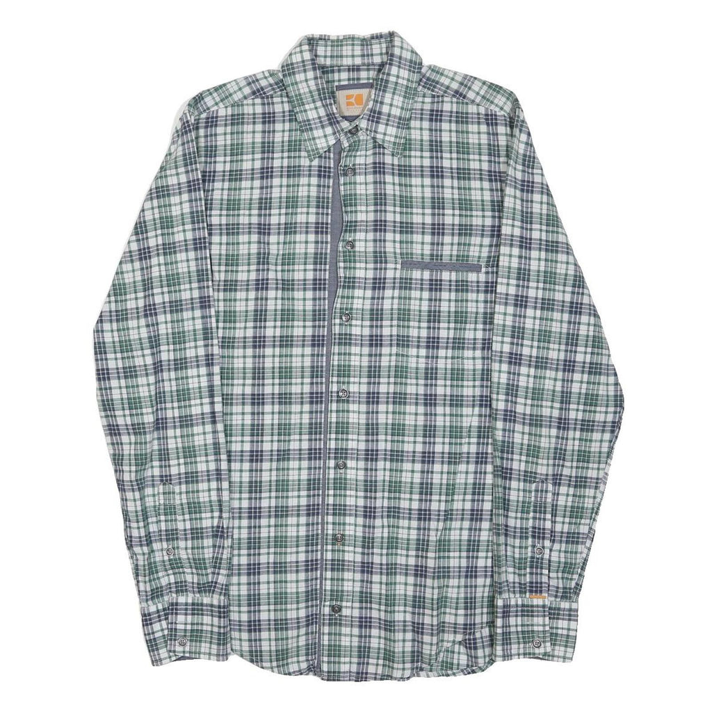 HUGO BOSS Mens Green & Grey Check Shirt S Premium Cotton Blend Classic Fit Long